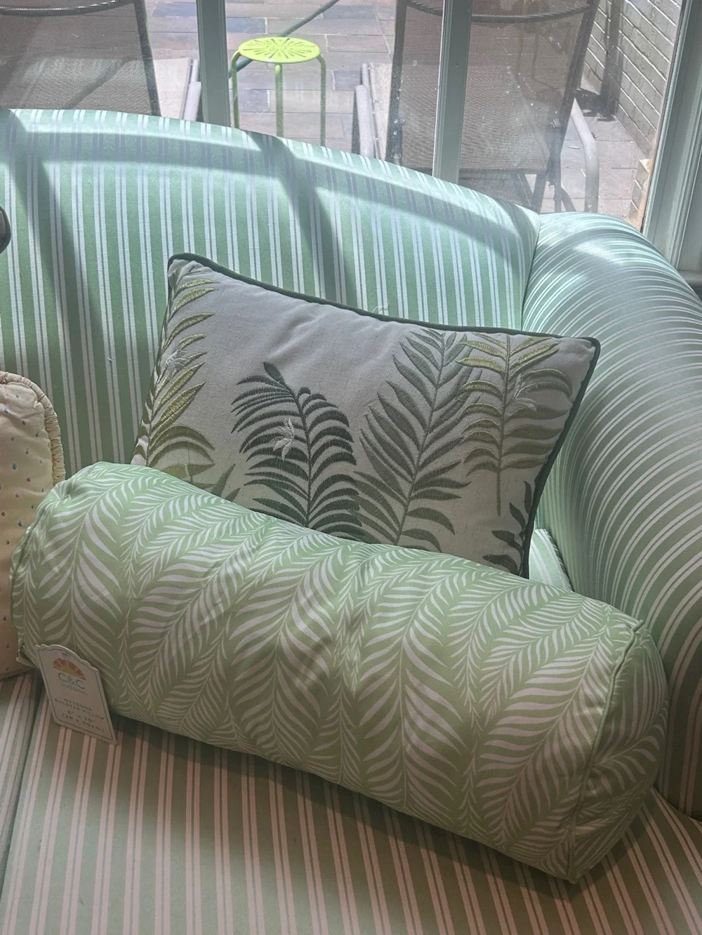 2 PC Ferns in Green + White Outdoor Bolster Pillow + Embroidered Palm Pillow NEW